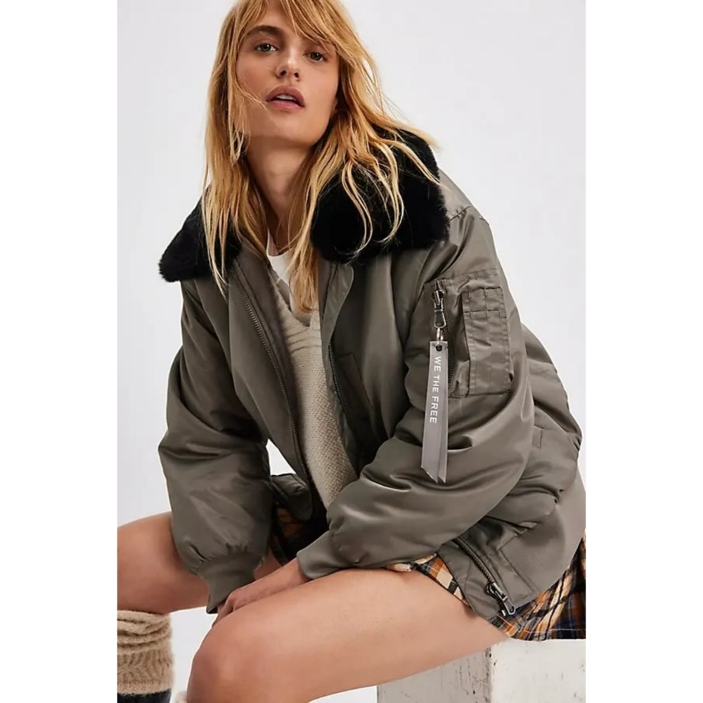 Free People We The Free Aviator Bomber Jacket Fallen Rock Gray Women's Medium